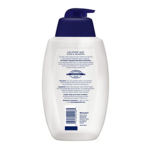 Aquaphor Baby Wash and Shampoo, Unscented Baby Shampoo and Wash, 25.4 Fl Oz Pump Bottle