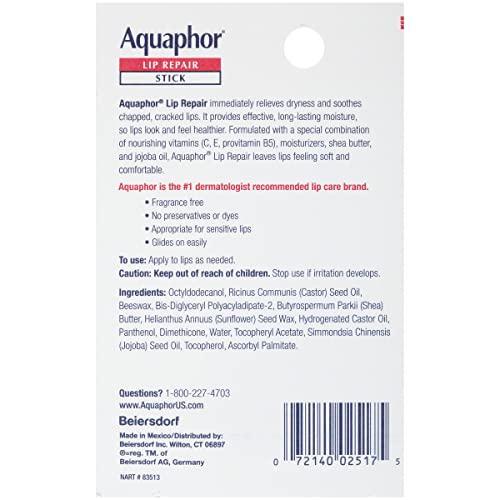 Aquaphor Lip Repair Stick with Jojoba Oil and Shea Butter, Moisturizing Lip Balms, Fragrance Free and Paraben Free, Immediately Relieves Dryness, 0.17 Oz Stick, Pack of 4