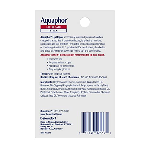 Aquaphor Lip Repair Stick, Moisturizing Lip Balm Pack, Relieves Dryness, 0.17 Oz Stick, Pack of 2