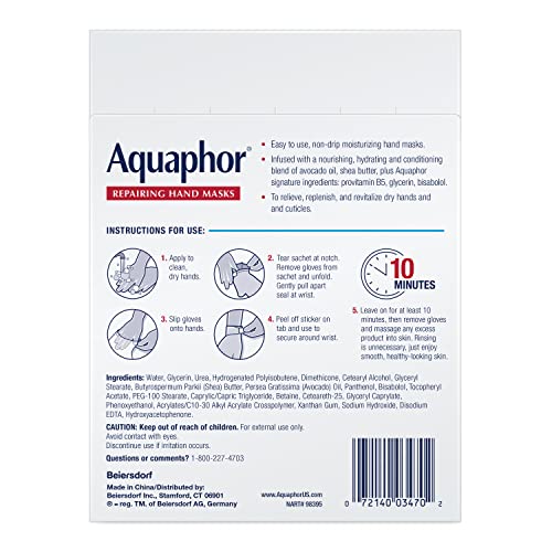 Aquaphor Repairing Hand Masks, Moisturizing Gloves for Dry Hands, Moisturizer for Dry Skin with Avocado Oil and Shea Butter, Pack of 6