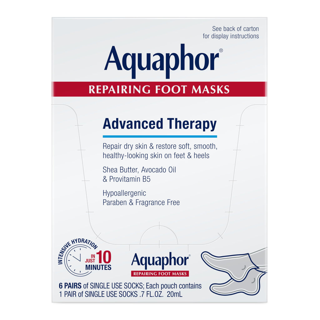 Aquaphor Repairing Foot Masks, Moisturizing Socks for Dry Feet, Hydrating Foot Care Treatment with Avocado Oil and Shea Butter, Pack of 6