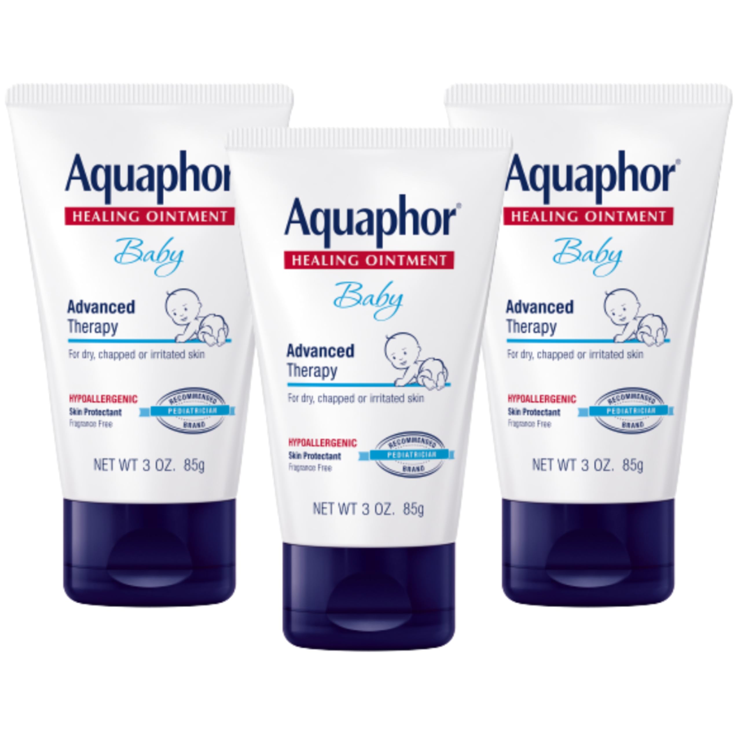 Aquaphor Baby Healing Ointment, Advanced Therapy for Chapped Cheeks and Diaper Rash, 3 oz. Tube (Pack of 3)