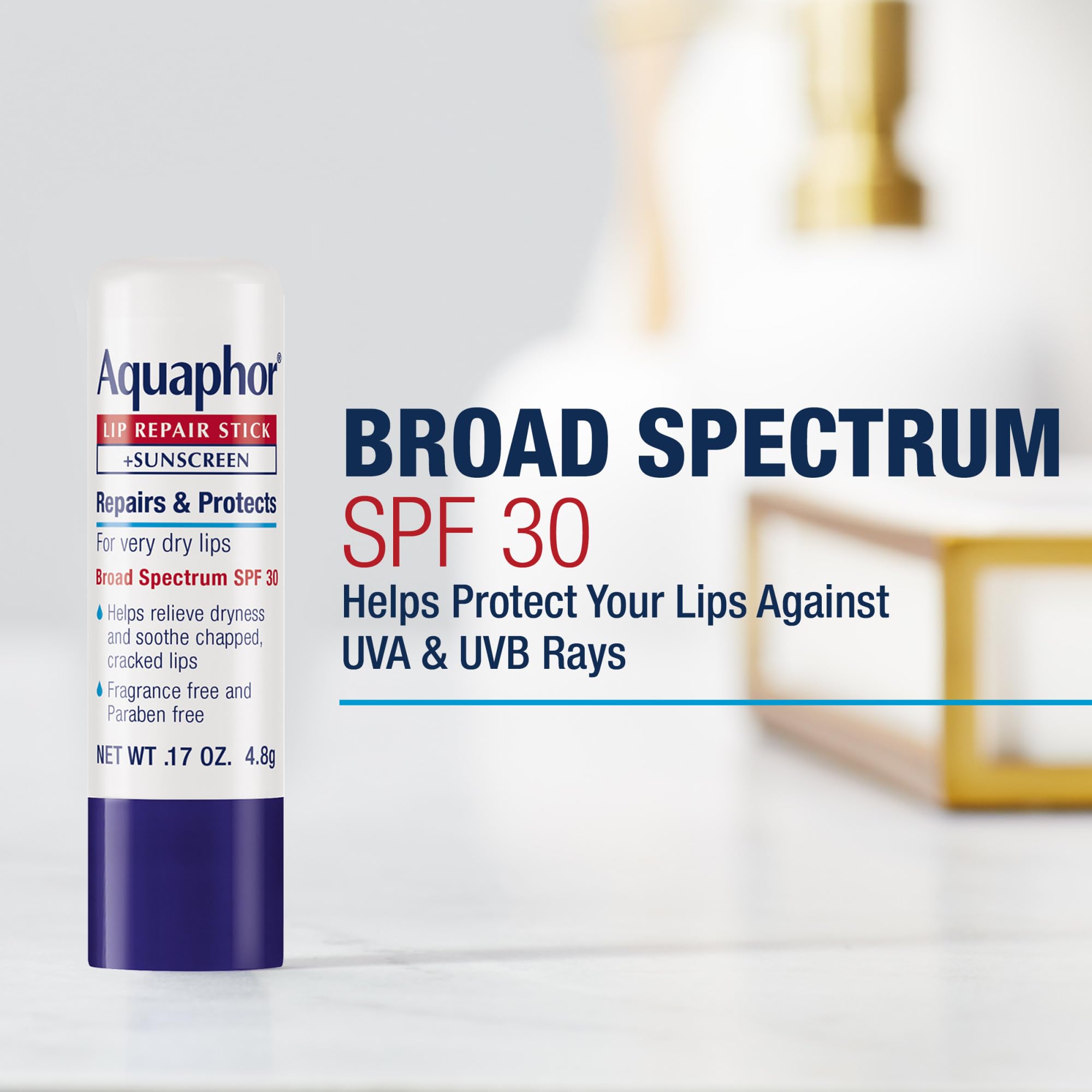 Aquaphor Lip Repair and Protect Stick with Sunscreen, Broad Spectrum SPF 30 Sunscreen Lip Balm, 0.17 Oz Stick, Pack of 4