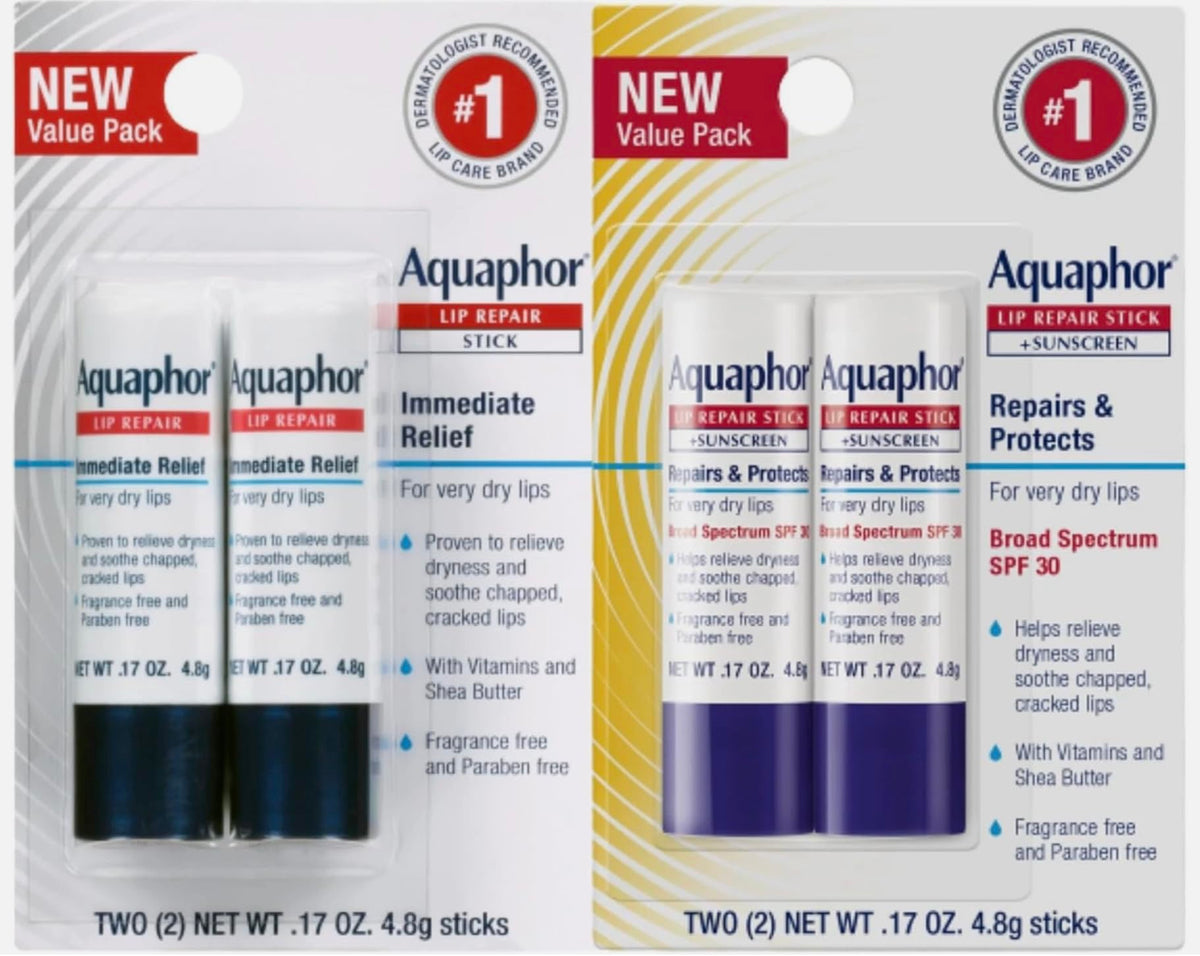 Aquaphor Lip Balm Set with Jojoba Oil and Shea Butter, Lip Repair Stick (2 x 0.17 Oz) + Repair Stick with Sunscreen SPF 30 (2 x 0.17 Oz), Fragrance Free, Paraben Free, Immediately Relieves Dryness