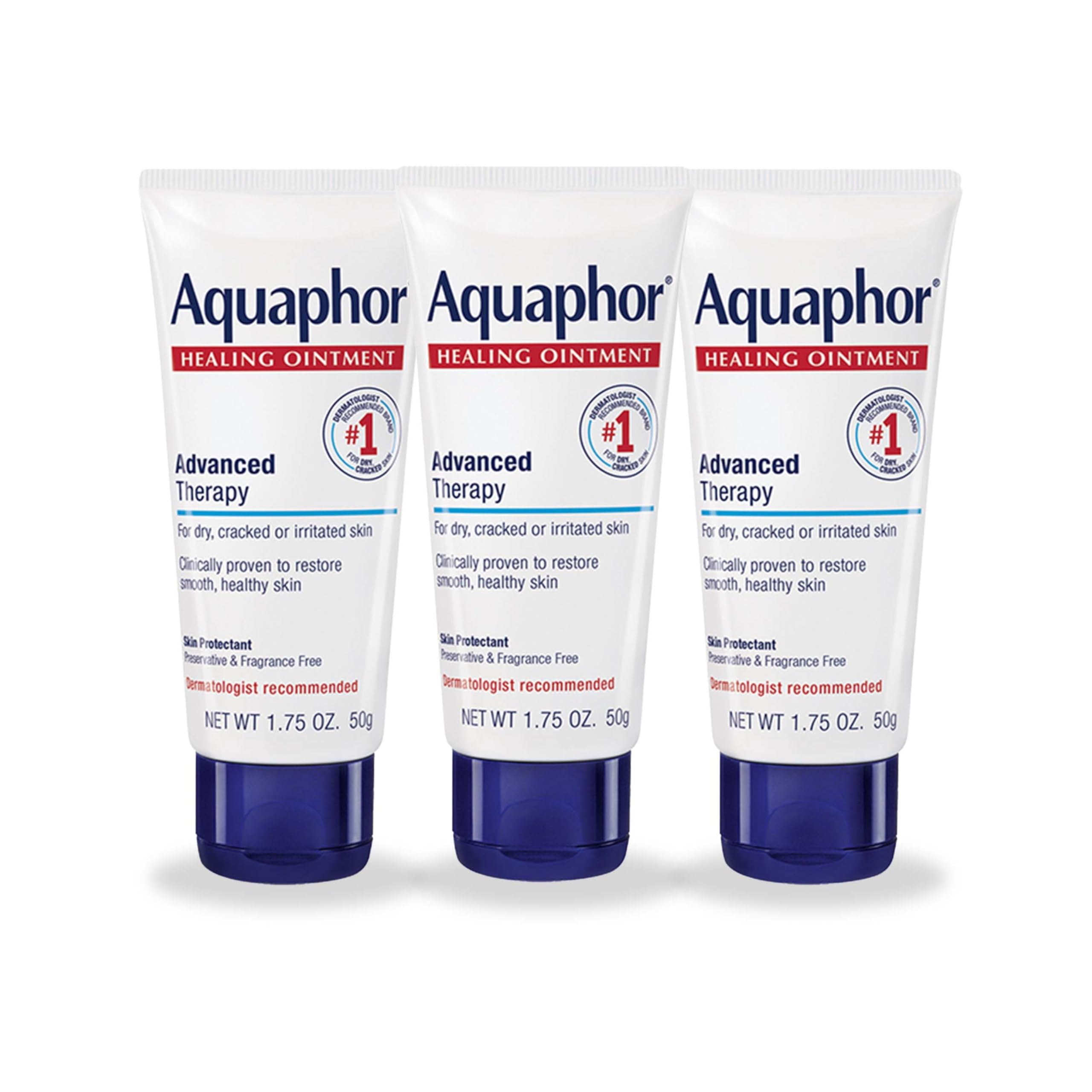 Aquaphor Advanced Therapy Healing Ointment, Hypoallergenic, Fragrance Free Body Moisturizer for Dry Skin and Minor Wound Care, Travel Size Skin Care Set, 1.75 Oz Tube, Pack of 3