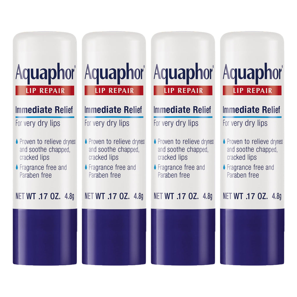 Aquaphor Lip Repair Stick with Jojoba Oil and Shea Butter, Moisturizing Lip Balms, Fragrance Free and Paraben Free, Immediately Relieves Dryness, 0.17 Oz Stick, Pack of 4