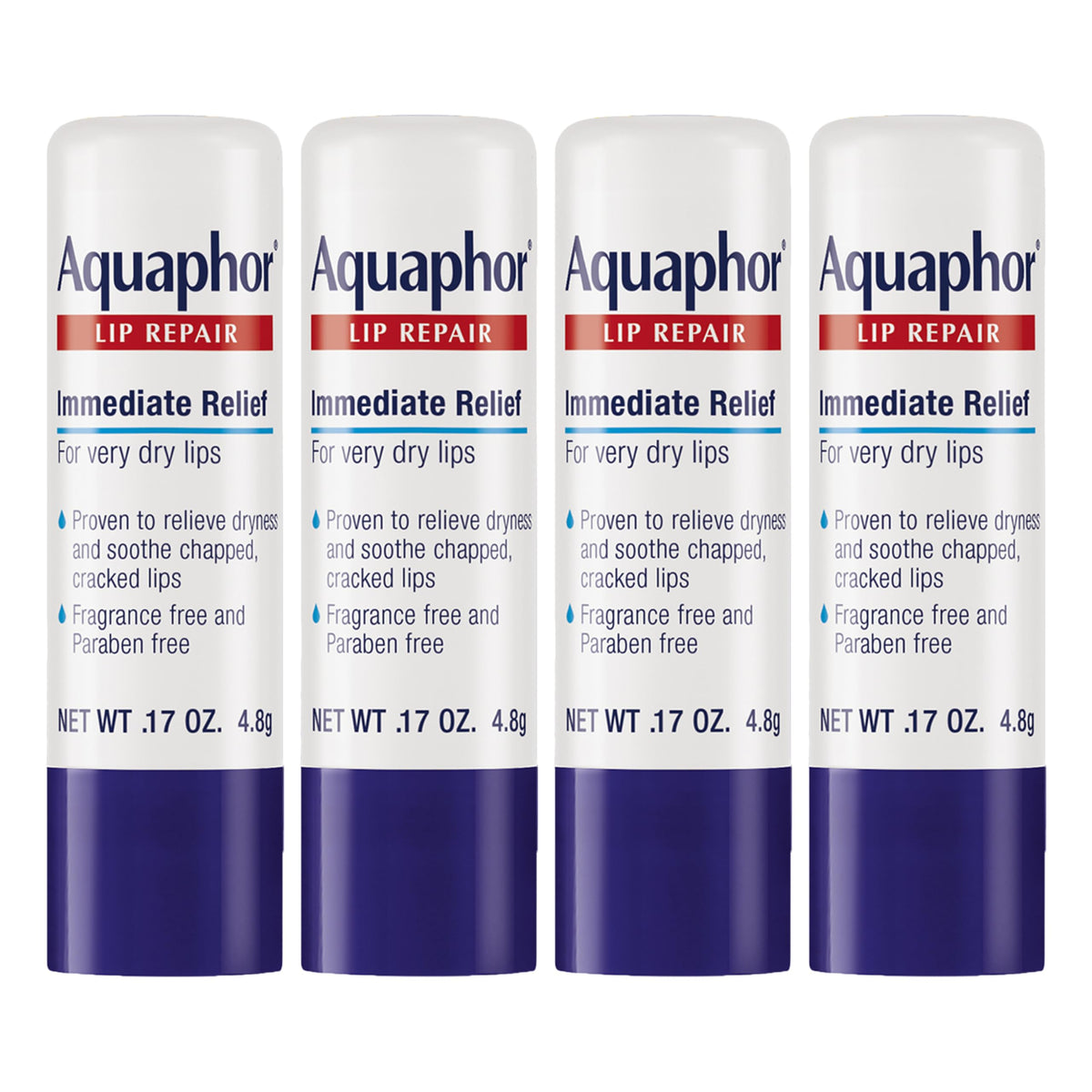 Aquaphor Lip Repair Stick with Jojoba Oil and Shea Butter, Moisturizing Lip Balms, Fragrance Free and Paraben Free, Immediately Relieves Dryness, 0.17 Oz Stick, Pack of 4