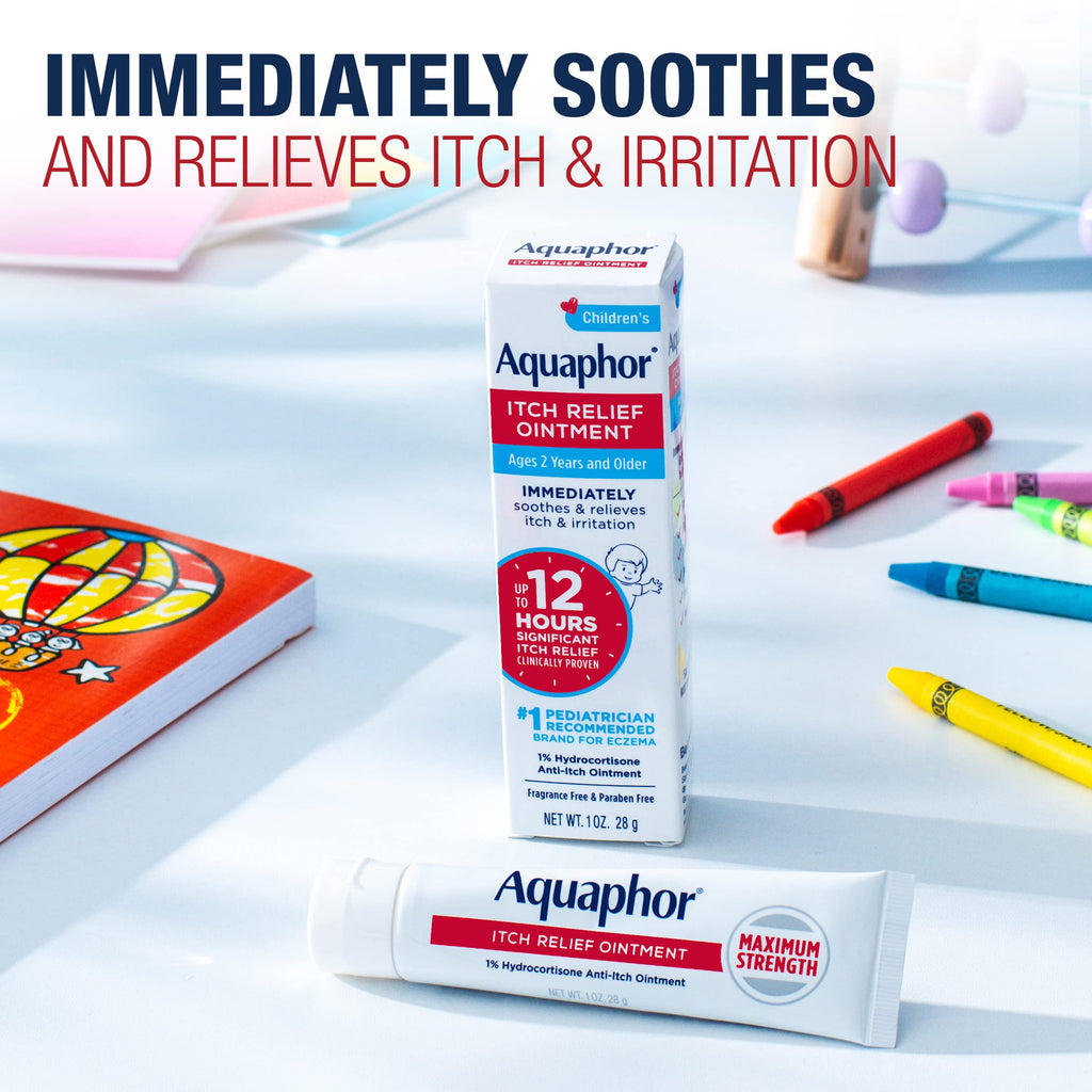Aquaphor Children's Itch Relief Ointment, 1% Hydrocortisone Anti Itch Ointment for Skin Irritation, Insect Bites, Psoriasis, Skin Rashes Eczema & Poison Ivy, Fragrance Free, 1 Oz Tube, Pack of 2
