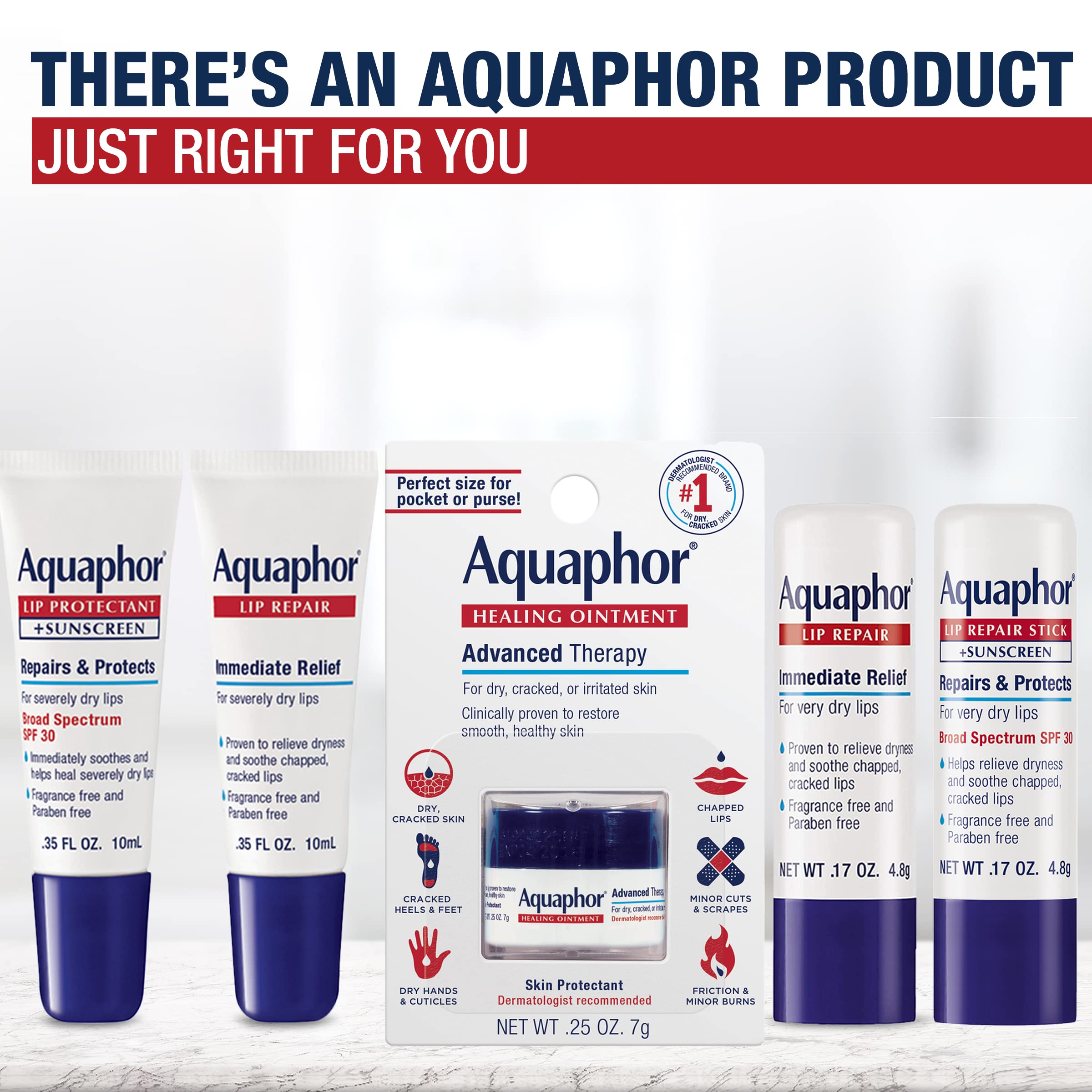 Aquaphor Lip Repair Stick with Jojoba Oil and Shea Butter, Moisturizing Lip Balms, Fragrance Free and Paraben Free, Immediately Relieves Dryness, 0.17 Oz Stick, Pack of 4