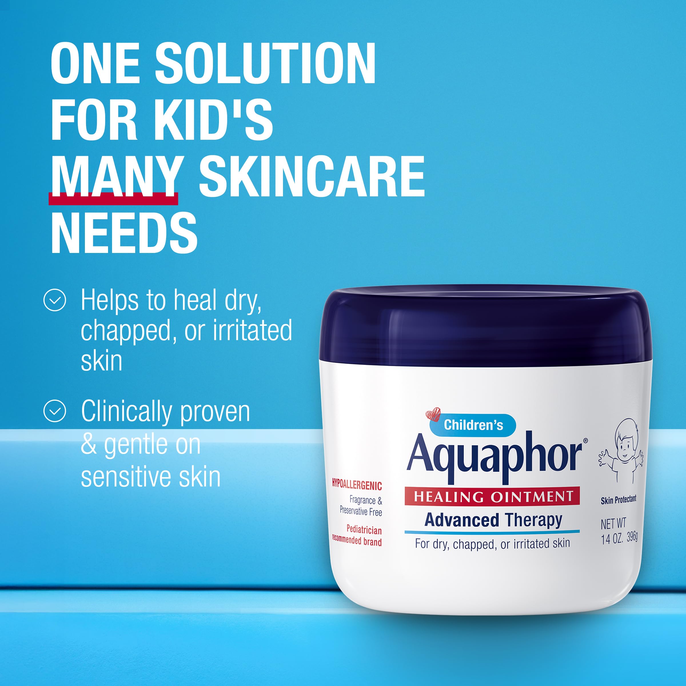 Aquaphor Children's Advanced Therapy Healing Ointment, 41% Petrolatum Skin Protectant Ointment for Minor Wound Care, Chapped or Cracked Skin and Lips, 14 Oz Jar