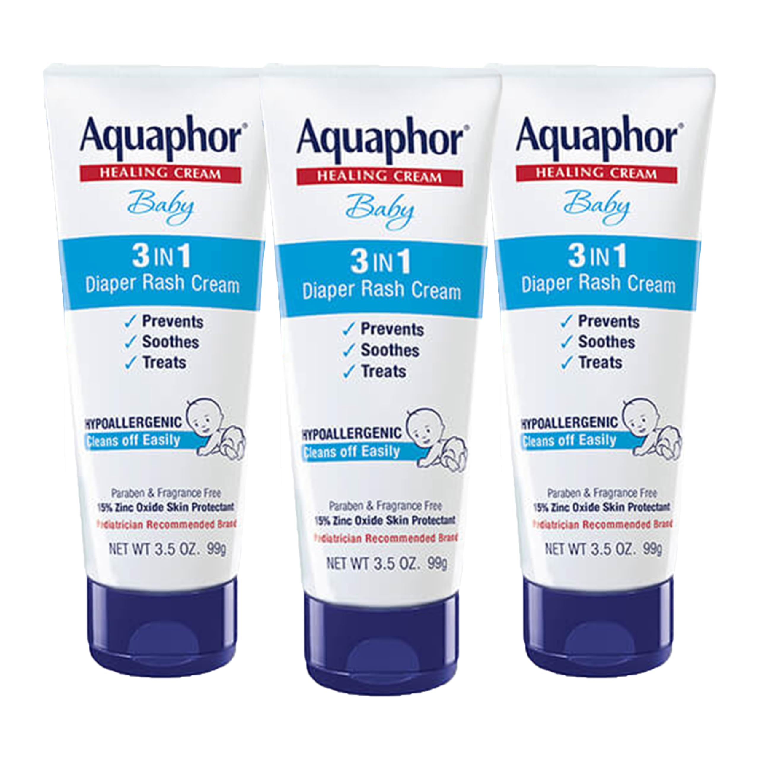 Aquaphor Baby Diaper Rash Cream, 3-in-1 Diaper Rash Relief, 3.5 Oz Tube, (Pack of 3)