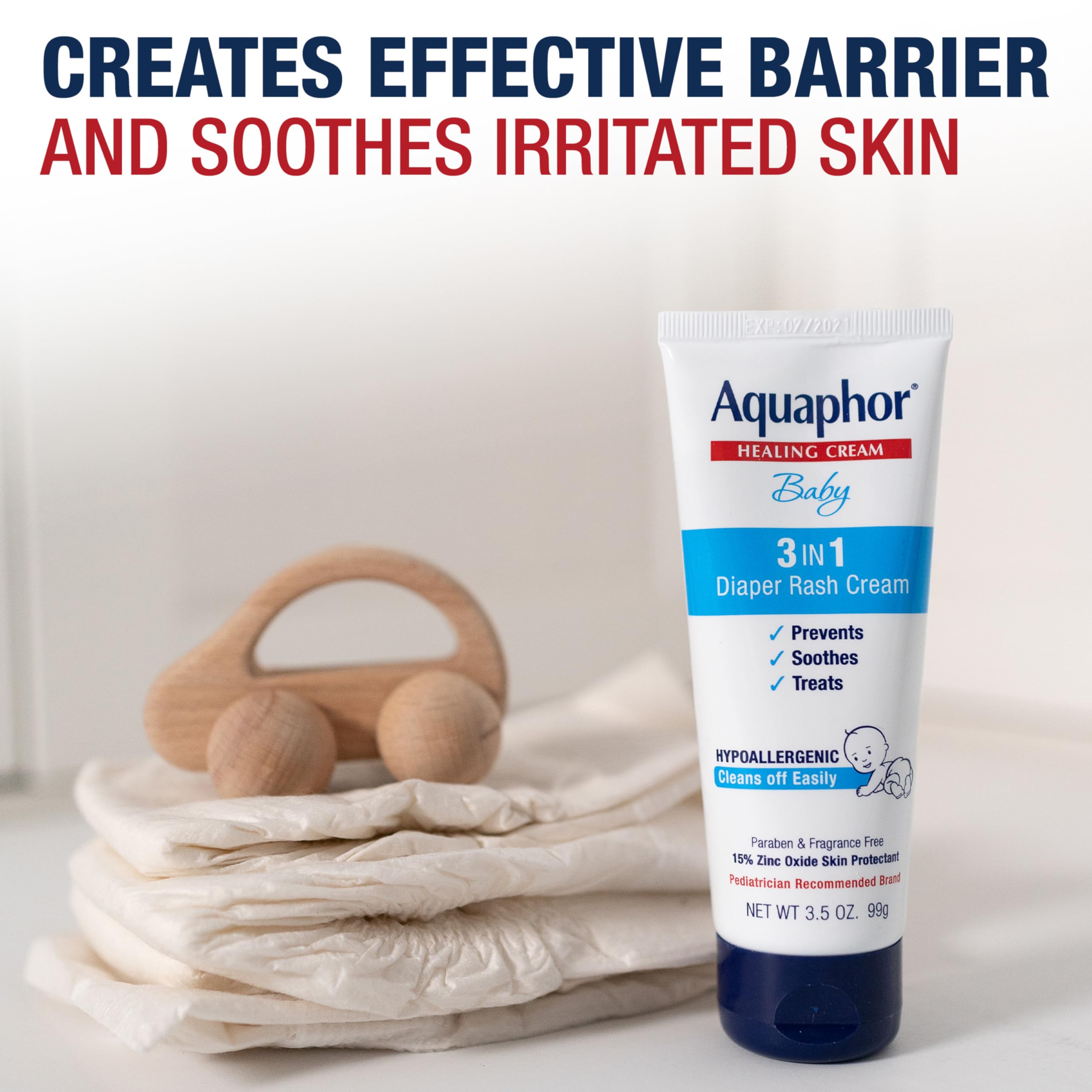 Aquaphor Baby Diaper Rash Cream, 3-in-1 Diaper Rash Relief, 3.5 Oz Tube, (Pack of 3)